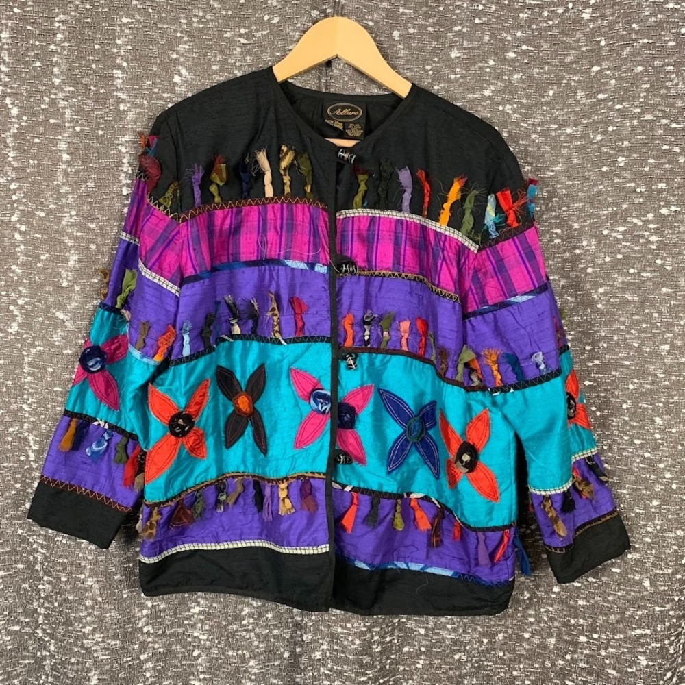 Vintage Allure Multicolor Embroidered‎ Art Patchwork Jacket Women's Missy Large